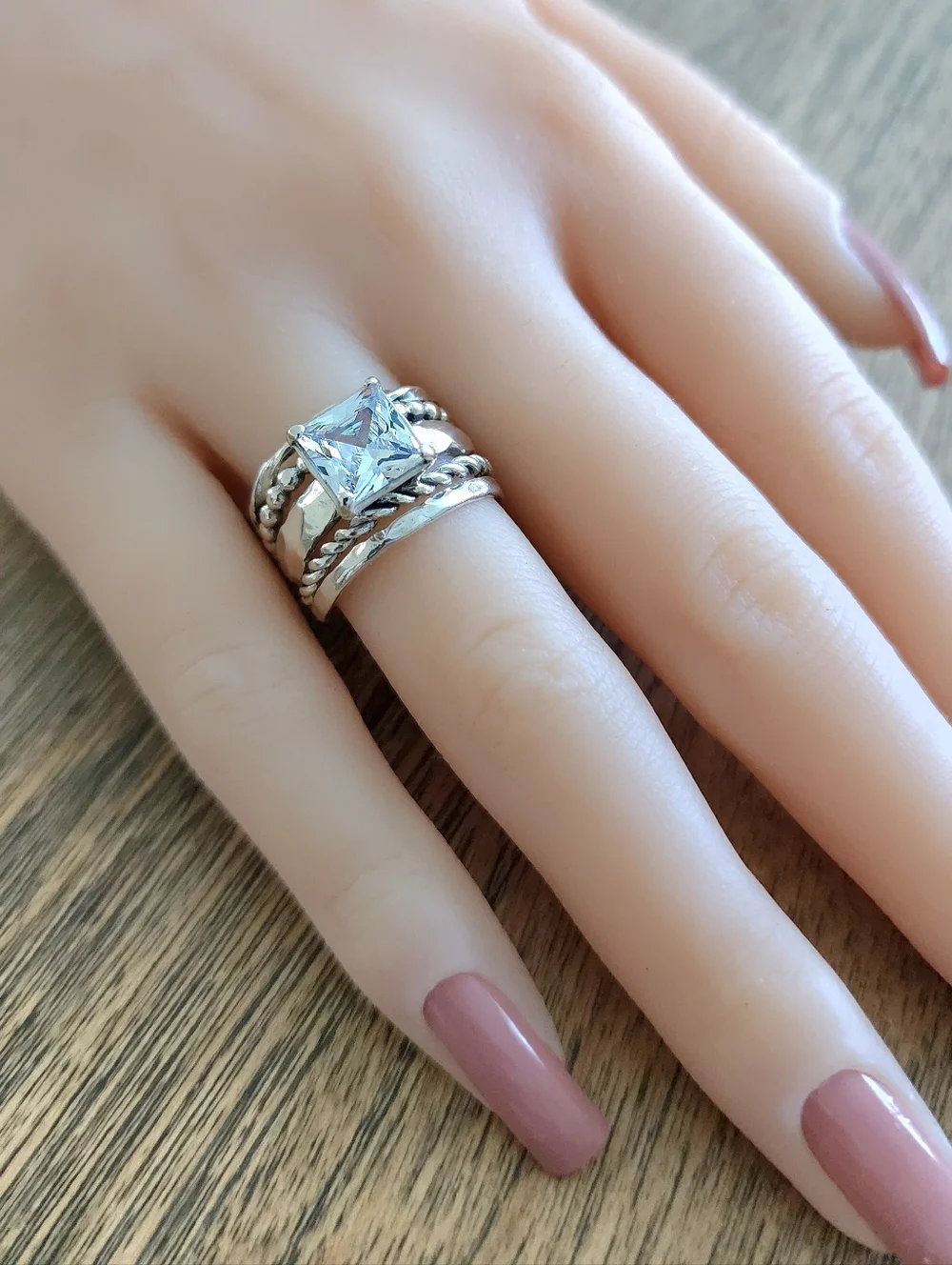 Noa Zuman Signed Sterling Silver 925 Clear CZ Stone Hammered 6.5 Ring Israel - Picture 7 of 12